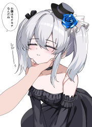Rule 34 | absurdres, blue flower, bowler hat, breasts, chiro (chirolchoco25), cleavage, closed eyes, doll joints, dress, elbow gloves, flower, frilled dress, frills, gloves, hand on another&#039;s head, hat, highres, joints, light blush, mini hat, orchis, ribbon, shadowverse, shadowverse: worlds beyond, small breasts, strapless, strapless dress, top hat, translation request, twintails, white hair