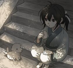 1boy aged_down ahoge baby_animal bakku_(fspz4427) black_eyes black_hair blue_hanfu brown_shoes chinese_clothes closed_mouth dog eating food foot_out_of_frame hair_ribbon hanfu high_ponytail highres holding holding_food jinhongi korean_commentary long_hair long_sleeves looking_at_another male_focus outdoors pants ponytail puppy ribbon seol_young shoes sitting sitting_on_stairs solo stairs steamed_bun tree_shade white_pants white_ribbon wide_sleeves