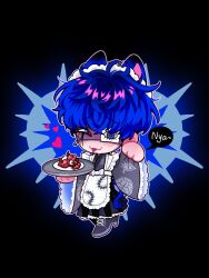 :p animal_ears apron black_background blue_background blue_eyes blue_hair bow cat_boy cat_ears cat_tail centipede_print chailiru chibi chin_piercing crack crossdressing earrings english_text entrails eye_print eyeball face_piercing full_body heart highres japanese_clothes jewelry kimono maid maid_apron maid_headdress male_maid omokage_yugamu one_eye_covered organs piercing plate print_eyepatch single_earring speech_bubble tail the_hundred_line_-last_defense_academy- tongue tongue_out twitter_username two-tone_background wa_maid white_bow