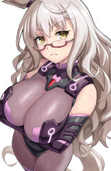 1girl absurdres animal_ears biwa_hayahide_(umamusume) breasts closed_mouth glasses gloves grey_eyes highres horse_ears large_breasts long_hair looking_at_viewer purple_gloves red-framed_eyewear semi-rimless_eyewear simple_background solo umamusume under-rim_eyewear white_background white_hair yasa_hattori yellow_eyes