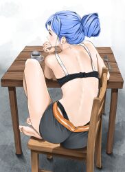 1girl back bae_minah_(chaesu) bare_legs barefoot black_bra black_panties black_shorts blue_hair blush bra chaesu coffee_mug cup feet feet_on_chair fork from_behind full_body grey_background hair_bun high-waist_panties highres knee_up knees_apart_feet_together legs mug no_shirt on_chair original panties shorts sitting soles solo table toenails toes underwear