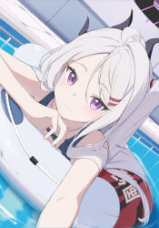 Rule 34 | 1girl, ahoge, blue archive, blush, demon girl, demon horns, highres, hina (blue archive), hina (swimsuit) (blue archive), horns, long hair, looking at viewer, pool, purple eyes, solo, very long hair, white hair, yyyyy&#039;