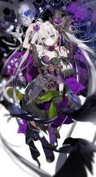 1girl artist_name bangle bird black_gloves blue_eyes bracelet breasts cleavage commentary crow dress female_focus flower gloves gothic_lolita hair_ornament hat high_heels jewelry leaf lolita_fashion long_hair looking_at_viewer mini_hat mini_top_hat original purple_flower purple_rose rose shoes skeleton skull socks solo strappy_heels sukja top_hat twintails white_hair