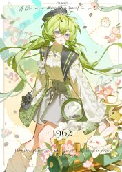 1girl absurdres beret black_bow blue_eyes bow cardigan flower glasses green_hair grey_skirt hair_between_eyes hat high-waist_skirt highres jacket long_hair long_sleeves looking_at_viewer low_twintails open_clothes original pink_flower prpr08 puffy_long_sleeves puffy_sleeves rabbit round_eyewear shirt skirt sleeves_past_wrists socks solo sweater twintails very_long_hair white_socks