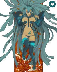 1girl absurdres aqua_hair arrow_(symbol) boots detached_sleeves female_focus flat_chest glasses heart highres legs long_hair lowleg lowleg_panties lying open_mouth panties pixiv pixiv-tan pointy_ears side-tie_panties solo thigh_boots thighhighs ukai_saki underwear very_long_hair