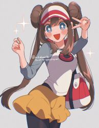 1girl black_pantyhose blue_eyes blush breasts brown_hair donut_hair_bun double_bun hair_bun hat highres long_hair looking_at_viewer mikakami1e nintendo open_mouth pantyhose pantyhose_under_shorts poke_ball_print pokemon pokemon_bw2 raglan_sleeves rosa_(pokemon) shirt shorts simple_background smile solo twintails v visor_cap yellow_shorts