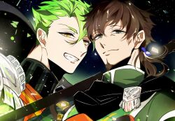 2boys achilles_(fate) black_cape blue_ribbon brown_hair cape closed_mouth fate/grand_order fate_(series) green_eyes green_tunic grin hair_between_eyes hector_(fate) holding holding_polearm holding_weapon light_particles looking_at_viewer male_focus multiple_boys nununukakaka orange_sash polearm ponytail ribbon short_hair smile tunic weapon yellow_eyes