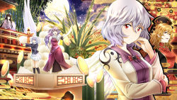 5girls animal_ears architecture arkatopia bamboo bamboo_forest belt black_hair black_legwear bow bowtie brown_jacket chinese_clothes coat dress east_asian_architecture floppy_ears floral_print forest full_moon hat houraisan_kaguya jacket junko_(touhou) kishin_sagume light_purple_hair long_hair long_sleeves looking_at_viewer looking_down moon multiple_girls nature open_mouth orange_hair pink_shirt pointing_melee_weapon pointing_sword puffy_short_sleeves puffy_sleeves purple_eyes purple_hair rabbit_ears red_bow red_bowtie red_coat red_dress red_eyes red_skirt reisen shirt short_hair short_sleeves silver_hair single_wing skirt sword touhou uniform watatsuki_no_yorihime weapon wide_sleeves wings