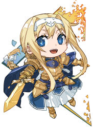 1girl alice_zuberg armor armored_dress blonde_hair blue_cape blue_eyes body_armor braid braided_ponytail breastplate bunbun cape chibi dress glowing glowing_sword glowing_weapon gold_armor gold_gloves hairband highres holding holding_sword holding_weapon knight long_hair long_sleeves open_mouth osmanthus_blade plate_armor sword sword_art_online sword_art_online:_alicization unsheathed weapon white_hairband