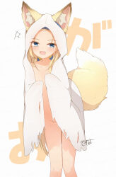 1girl :d absurdres animal_ear_fluff animal_ears blonde_hair blue_eyes bottomless cape coreytaiyo ears_through_hood fang flat_chest fox_ears fox_girl fox_tail gao ghost_costume halloween highres long_hair looking_at_viewer naked_cape open_mouth original signature simple_background smile tail very_long_hair white_background
