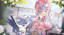 1girl animal_ear_fluff animal_ears beads bird bonnet bow braid chinese_clothes collared_shirt commentary commission cowboy_shot cup dated day english_commentary eyelashes floral_print flower fox_ears frilled_headwear frilled_shirt frilled_sleeves frills garden green_eyes hair_beads hair_flower hair_ornament hairclip happy hat hat_bow hat_ribbon high_collar highres holding holding_cup holding_saucer hotdogdanny joints lace_bow layered_shirt light_particles light_rays long_sleeves miniskirt on_chair open_mouth original outdoors pink_bonnet pink_flower pink_ribbon pink_rose pink_shirt pleated_skirt red_ribbon ribbon robot_joints rose sample_watermark saucer shirt single_braid sitting skirt smile solo sunlight swept_bangs tangzhuang teacup teapot watermark white_bow white_flower white_rose white_shirt white_skirt wide_sleeves x_hair_ornament