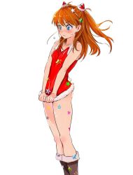 1girl blue_eyes blush boots brown_hair christmas clothes_pull embarrassed female_focus jpeg_artifacts long_hair mebae neon_genesis_evangelion simple_background solo souryuu_asuka_langley star_(symbol) sweater sweater_pull
