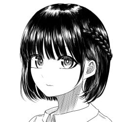 1girl braid crown_braid greyscale hashtag-only_commentary hatching_(texture) looking_at_viewer mizro_oekamia monochrome original portrait shirt short_hair solo