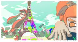1girl 2boys commentary_request eiffel_tower france inkling inkling_boy inkling_girl inkling_player_character long_hair multiple_boys nintendo official_art orange_eyes orange_hair paint paint_roller paris real_world_location red_eyes red_hair shoes sneakers splatoon_(series) splatoon_1 tentacle_hair