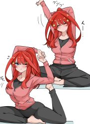 1girl ;t arm_up barefoot black_pants blue_eyes breasts closed_eyes commentary_request go-toubun_no_hanayome hair_ornament highres jacket large_breasts long_hair long_sleeves mame1645 multiple_views nakano_itsuki pants red_hair red_jacket simple_background star_(symbol) star_hair_ornament stretching white_background yoga yoga_pants