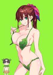 1boy 1girl adjusting_clothes bikini breasts brown_hair cat_hair_ornament chibi chinatsu_(suzutsuki_kurara) cleavage collarbone commentary daichi_(suzutsuki_kurara) floral_print grass_skirt green_background green_eyes hair_ornament hair_ribbon hairclip hand_on_own_thigh highres jitome large_breasts leaf_bikini looking_at_viewer navel original ponytail ribbon sidelocks simple_background smile suzutsuki_kurara thighs