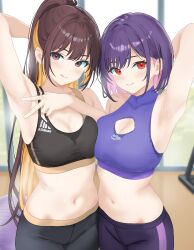 2girls adidas arm_behind_head armpits ball bare_arms black_pants blurry blurry_background blush brand_name_imitation breasts brown_hair choppy_bangs cleavage cleavage_cutout closed_mouth clothing_cutout colored_inner_hair commentary cowboy_shot depth_of_field english_commentary exercise_ball gym hair_behind_ear hand_on_own_chest highres indoors large_breasts lewd_chan long_hair multicolored_hair multiple_girls navel nike_(company) no_shirt orange_hair original pants parted_bangs pink_hair ponytail presenting_armpit purple_eyes purple_hair purple_pants purple_sports_bra red_eyes short_hair sidelocks smile sports_bra steam steaming_body streaked_hair sweaty_clothes tongue tongue_out variant_set very_long_hair yoga_pants