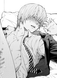 1boy blazer blush bruise collarbone death_note drooling fingernails greyscale handprint hickey highres injury jacket long_bangs male_focus monochrome necktie nose_blush open_clothes open_mouth open_shirt pectorals pillow ruttika_shin sweat teeth upper_teeth_only yagami_light