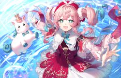 1girl aile_(crossroads) aqua_bow aqua_bowtie aqua_eyes aqua_hair bow bowtie commentary_request dress drill_hair hat highres honkai:_star_rail honkai_(series) hyacine_(honkai:_star_rail) little_ica_(honkai:_star_rail) looking_at_viewer medium_hair multicolored_hair open_mouth pink_hair red_dress red_hat twin_drills two-tone_hair wading