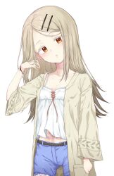 1girl absurdres abuse blue_shorts bruise camisole coat cowboy_shot denim denim_shorts earrings gakuen_idolmaster hair_ornament hairclip highres idolmaster injury jewelry lee_mae_hyang light_brown_hair long_hair long_sleeves looking_at_viewer open_clothes open_coat orange_eyes parted_lips ryona shinosawa_hiro shorts simple_background solo stud_earrings white_background white_camisole wide_sleeves yellow_coat