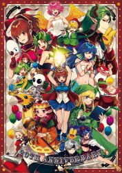 3boys 6+girls animal_collar anniversary apron archan arle_nadja armor arms_up arrow_(projectile) ascot balloon bandeau bell black_cape black_headband black_shirt blonde_hair blue_armor blue_boots blue_eyes blue_gloves blue_hair blue_skirt book boots bow bow_(weapon) breasts bridal_gauntlets brown_eyes brown_hair cape capelet carbuncle_(puyopuyo) character_doll chiko_(puyopuyo) closed_eyes closed_mouth coat collar commentary corset cup demon_boy demon_horns doll doppelganger_arle draco_centauros dragon dragon_(puyopuyo) dragon_girl dragon_horns dragon_wings drawing_bow dress everyone fangs feathered_wings fins fish fish_boy flask flute frilled_ascot frills frog gloves green_capelet green_coat green_dress green_eyes green_hair green_hat green_tea grey_hair hair_bow hand_up hands_up harpy_(puyopuyo) hat head_fins headband headdress highres holding holding_book holding_bow_(weapon) holding_cup holding_doll holding_flask holding_flute holding_instrument holding_mask holding_mop holding_staff holding_sword holding_weapon horns instrument interlocked_fingers jingle_bell kicking kikimora_(puyopuyo) kuroda_(kuro_yyy) liquid long_hair long_tongue looking_at_viewer looking_back magic maid maid_headdress mask medium_breasts medium_hair mermaid monster_girl mop multiple_boys multiple_girls music native_american_headdress neck_bell nohoho_(puyopuyo) one_eye_closed open_book open_mouth orange_dress own_hands_together phrygian_cap pink_hair playing_flute playing_instrument pointy_ears pom_pom_(clothes) ponytail potion puyopuyo puyopuyo~n red_armor red_bag red_bow red_dress red_eyes red_hat red_shorts rulue_(puyopuyo) satan_(puyopuyo) schezo_wegey serilly_(puyopuyo) shirt shoes short_hair shorts side_slit skeleton skeleton_t skirt sleeveless sleeveless_dress small_breasts smile staff standing suketoudara sword tea tongue tongue_out weapon white_apron white_ascot white_bandeau white_corset white_dress white_eyes wide_sleeves wings witch_(puyopuyo) yellow_eyes yellow_shoes yellow_wings