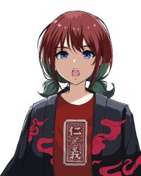 1girl black_haori blue_eyes blue_hair commentary_request girls_band_cry haori iseri_nina jacket japanese_clothes kuuhaku_to_catharsis looking_at_viewer low_twintails multicolored_hair ngn_mahiro open_clothes open_jacket open_mouth red_hair red_shirt roots_(hair) shirt short_hair short_twintails sidelocks simple_background solo teeth twintails two-tone_hair upper_body upper_teeth_only white_background