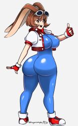 1girl :d animal_ears ass blue_unitard bob_cut breasts brown_eyes brown_hair commentary covered_erect_nipples d-ryuu english_commentary fingerless_gloves full_body gloves goggles goggles_on_head huge_ass jacket koala large_breasts looking_at_viewer looking_back makihara_arina open_clothes open_jacket open_mouth rabbit_ears red_shoes shoes signature simple_background skin_tight smile sneakers solo thumbs_up waku_waku_7 white_jacket