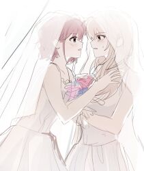2girls bare_arms blush bridal_veil commentary_request dress girls_band_cry grey_hair highres i2727272727 iseri_nina kawaragi_momoka korean_commentary long_hair multiple_girls parted_lips red_hair short_hair smile veil wedding_dress white_dress wife_and_wife yuri