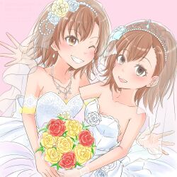2girls :d ;) asymmetrical_bangs bouquet breasts bridal_veil bride brown_eyes brown_hair clone commentary_request dress flower gloves highres holding holding_bouquet jewelry komemogoo lace lace_gloves medium_hair misaka_imouto misaka_mikoto multiple_girls necklace one_eye_closed open_mouth simple_background small_breasts smile strapless strapless_dress toaru_kagaku_no_railgun toaru_majutsu_no_index veil wedding_dress white_dress white_gloves