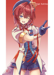 1girl :d ange_katrina beret blue_eyes blue_gloves blue_hat blue_shorts border character_name collared_jacket colored_lapels commentary_request cowboy_shot crown_hat_ornament flat_chest gloves gradient_background hair_between_eyes hair_intakes hair_ornament half_gloves hand_on_own_hip hat highres idol_clothes jacket light_blush looking_at_viewer medium_hair multicolored_hair neck_ribbon nijisanji one_eye_closed open_mouth outside_border outstretched_arm pillarboxed pink_background red_background red_hair red_ribbon ribbon sanbaka_anniversary_outfit short_sleeves shorts signature single_wrist_cuff smile solo streaked_hair t_k tassel teeth triangle_hair_ornament upper_teeth_only virtual_youtuber white_border white_hair white_jacket white_wrist_cuffs wrist_cuffs wrist_ribbon