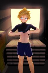 1boy absurdres aqua_eyes backlighting bare_arms bare_legs blonde_hair blue_shirt blue_shorts blush clothes_lift commentary gym_storeroom highres indoors kagamine_len kubari light_rays looking_at_viewer male_focus navel shirt shirt_lift short_sleeves shorts solo stomach sunbeam sunlight vocaloid window