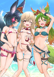3girls animal_ears bat_wings bikini blonde_hair blue_hair blush breasts collar double_v erune flower fox_ears fox_girl fox_tail frilled_bikini frills granblue_fantasy green_eyes green_hair hair_flower hair_ornament head_wings highres large_tail multiple_girls ocean one_eye_closed oni_b pointy_ears red_bikini red_eyes smile sui_(granblue_fantasy) swimsuit tail thigh_strap v vampire vampy white_bikini wings you_(granblue_fantasy)