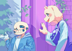 1boy 1girl blue_eyes blue_jacket blue_sclera blush_stickers breasts colored_sclera gloves goat_girl grin hand_in_pocket highres horns jacket large_breasts looking_to_the_side male_focus monyorun one_eye_closed open_mouth purple_eyes purple_vest sans_(undertale) skeleton sketch smile teeth toriel tree twitter_username undertale upper_body vest white_gloves white_sleeves