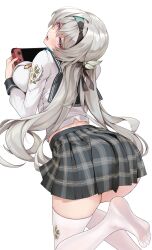 Rule 34 | 1girl, blue pupils, blush, breasts, brown hairband, brown ribbon, commentary request, firefly (honkai: star rail), firefly (spring missive) (honkai: star rail), from behind, gradient eyes, grey hair, grey sailor collar, grey skirt, hair between eyes, hair intakes, hair ornament, hair ribbon, hairband, highres, honkai: star rail, honkai (series), large breasts, long sleeves, lying, matrix16, miniskirt, multicolored eyes, nintendo switch, on stomach, open mouth, plaid clothes, plaid skirt, pleated skirt, ribbon, sailor collar, school uniform, see-through clothes, see-through legwear, serafuku, simple background, skirt, smile, solo, thighhighs, white background, white sleeves, white thighhighs