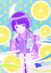 1girl absurdres blue_background blunt_bangs color_contrast commentary_request cup disposable_cup drinking_straw food fruit fujii_ayame futsuu_no_keion-bu hands_up highres holding holding_cup hood hood_down hooded_jacket jacket knees_up lemon lemon_slice light_smile limited_palette long_hair nogi_yuni purple_eyes purple_hair purple_jacket sitting solo wolf_cut