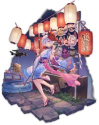 1girl ahoge animal_print artist_request candy_apple drone feet fish_print food fox_mask game_cg grass hair_ornament headphones highres holding holding_food holding_headphones japanese_clothes kappa_mask kimono lantern looking_at_viewer mahjong_soul market_stall mask mask_on_head obi official_art oni_mask paper_lantern plant price_tag purple_eyes quadcopter ribbon sandals sash solo stone_walkway suzumiya_anju third-party_source tongue tongue_out transparent_background twilight unmanned_aerial_vehicle wading_pool wave_print white_hair yostar