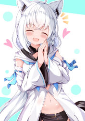 1girl :d ^_^ ahoge animal_ear_fluff animal_ears black_shorts blue_background blush braid breasts closed_eyes commentary_request detached_sleeves drawstring facing_viewer fox_ears fox_girl fox_tail grey_hair hands_up heart highres hololive hood hood_down long_sleeves medium_breasts navel notice_lines open_mouth palms_together shirakami_fubuki shirakami_fubuki_(1st_costume) shorts smile solo tail two-tone_background virtual_youtuber white_background white_sleeves wide_sleeves xenon_(for_achieve)