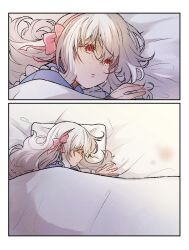 1girl bed_sheet blanket bow closed_eyes comic crying frills hair_bow hair_spread_out highres hii_(aisiteru6918moon) kagerou_project kozakura_marry lonely long_hair looking_down lying on_bed on_side pillow pink_bow profile red_eyes sad silent_comic solo under_covers white_hair