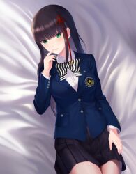 1girl bed_sheet black_bow black_bowtie black_hair blue_jacket blunt_bangs blush bow bowtie breasts commentary cowboy_shot english_commentary green_eyes hair_ornament hand_up highres hime_cut jacket kosei_high_school_uniform long_hair looking_at_viewer lying medium_breasts mikan_zakuro miniskirt nail_polish on_back on_bed persona persona_5 pink_nails pleated_skirt school_uniform shirt sidelocks skirt smile solo striped_bow striped_bowtie striped_clothes tassel thighs tougou_hifumi white_bow white_bowtie white_shirt