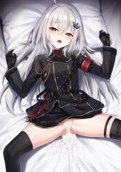 1girl absurdres after_vaginal aftersex armband bed black_gloves black_skirt black_thighhighs clothes_lift commentary_request commission crown_hair_ornament cum cum_in_pussy cumdrip gloves grey_hair hair_ornament henria highres long_hair long_sleeves looking_at_viewer lying necktie no_panties on_back on_bed open_mouth pussy red_armband red_eyes red_necktie ryogoku_tsukasa skeb_commission skirt skirt_lift solo specialite_(company) teeth thigh_strap thighhighs tongue virtual_youtuber