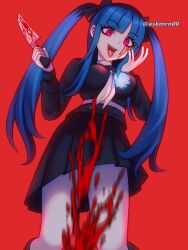 amemiya_darumi black_bow black_hair black_skirt blood blood_splatter bloody_tears blue_hair bow convenient_censoring female_focus hair_bow highres holding holding_knife holding_weapon knife last_defense_academy_school_uniform long_hair long_sleeves looking_at_viewer no_panties open_mouth pink_eyes pleated_skirt red_background skirt teeth the_hundred_line_-last_defense_academy- tongue tongue_out twintails upper_teeth_only weapon