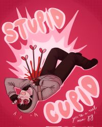 1boy @_@ arrow_(projectile) asianchipxtra bag black_gloves blood blood_on_clothes blood_on_hands blood_splatter brown_hair cry_of_fear english_text explosion fingerless_gloves full_body gloves grey_hoodie head_back heart heart_arrow highres hood hood_up hoodie impaled knees_up lying on_back open_mouth outline outstretched_arm pink_outline pink_theme short_hair shoulder_bag simon_henriksson solo teeth upper_teeth_only