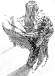 1boy absurdres bolt_crank coat eat-man full_body greyscale hands_in_pockets hat highres long_coat long_hair male_focus monochrome motoshi open_clothes open_coat sitting sketch solo sunglasses trench_coat weapon