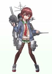 Rule 34 | 1girl, adapted costume, adapted turret, argyle clothes, argyle pantyhose, beige cardigan, blue jacket, brown hair, cannon, cardigan, commentary request, crescent, crescent pin, full body, gradient hair, green skirt, highres, jacket, kantai collection, looking at viewer, machinery, minosu, multicolored hair, mutsuki (kancolle), necktie, original remodel (kantai collection), pantyhose, pleated skirt, red hair, red necktie, school uniform, serafuku, ship turret, short hair, simple background, skirt, smokestack, solo, standing, torpedo launcher, white background