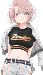 Rule 34 | 1girl, absurdres, arimura mao, belt, black shirt, blush, breasts, commentary request, cropped shirt, gakuen idolmaster, grey jacket, grey pants, highres, hip vent, idolmaster, jacket, jacket on shoulders, looking at viewer, medium breasts, midriff, navel, nemui ogi, official alternate costume, pants, pink hair, purple eyes, shirt, short hair, simple background, smile, solo, t-shirt, white background