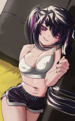 1girl absurdres bare_legs black_hair black_shorts breasts camisole cleavage collarbone couch grin highres indoors long_hair looking_at_viewer lying medium_breasts mole mole_on_breast multicolored_hair on_side original priite_hari_(torriet) purple_eyes purple_hair short_shorts shorts sidelocks smile solo streaked_hair thighs torriet twintails two-tone_hair white_camisole