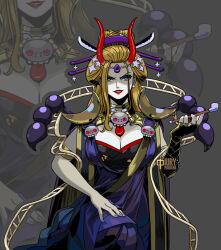 1girl black_maria_(one_piece) blonde_hair blue_eyes breasts cleavage cosplay female_focus forehead_jewel hades_(series) hades_1 hair_ornament hair_stick horns iury_padilha large_breasts lipstick long_hair makeup nail_polish nyx_(hades) one_piece smoking_pipe solo star_(symbol) updo