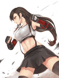 1girl black_skirt black_thighhighs breasts brown_hair clenched_hands crop_top dutch_angle earrings elbow_gloves fighting_stance final_fantasy final_fantasy_vii final_fantasy_vii_remake fingerless_gloves gloves jewelry large_breasts long_hair looking_ahead low-tied_long_hair midriff navel parted_lips red_eyes skirt skyde_kei solo stomach suspender_skirt suspenders thighhighs tifa_lockhart zettai_ryouiki