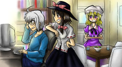 1boy 2girls alternate_costume black_skirt blonde_hair blue_shirt bookshelf brown_hair chair computer contemporary dress enokuma_uuta glasses hat indoors computer_keyboard maribel_hearn mob_cap monitor morichika_rinnosuke multiple_girls office_chair pants purple_dress salad shirt skirt swivel_chair t-shirt table touhou tray usami_renko white_hair white_shirt