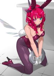 1girl alternate_costume animal_ear_hairband animal_ears backless_leotard bare_shoulders blue_eyes blunt_bangs bow bowtie braid breasts cleavage commentary crystal_wings detached_collar detached_wings diamond-shaped_pupils diamond_(shape) fake_animal_ears fake_tail fishnet_pantyhose fishnets full_body gloves hair_over_shoulder hairband heterochromia high_heels highres holding holding_tray hololive hololive_english horns irys_(hololive) kneeling large_breasts leotard long_hair looking_at_viewer low_twin_braids official_alternate_hairstyle pantyhose pink_eyes playboy_bunny pointy_ears purple_bow purple_bowtie purple_pantyhose purple_shoes rabbit_ear_hairband rabbit_ears rabbit_tail red_hair shoes solo strapless strapless_leotard sweatdrop symbol-shaped_pupils tail tanabe_(fueisei) tile_floor tiles tray twin_braids virtual_youtuber white_gloves wings wrist_cuffs
